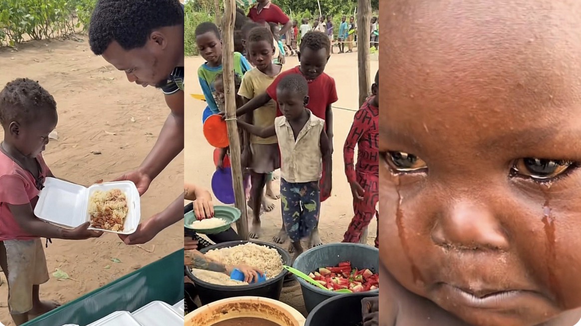 Crianças recebendo refeição em Moçambique
